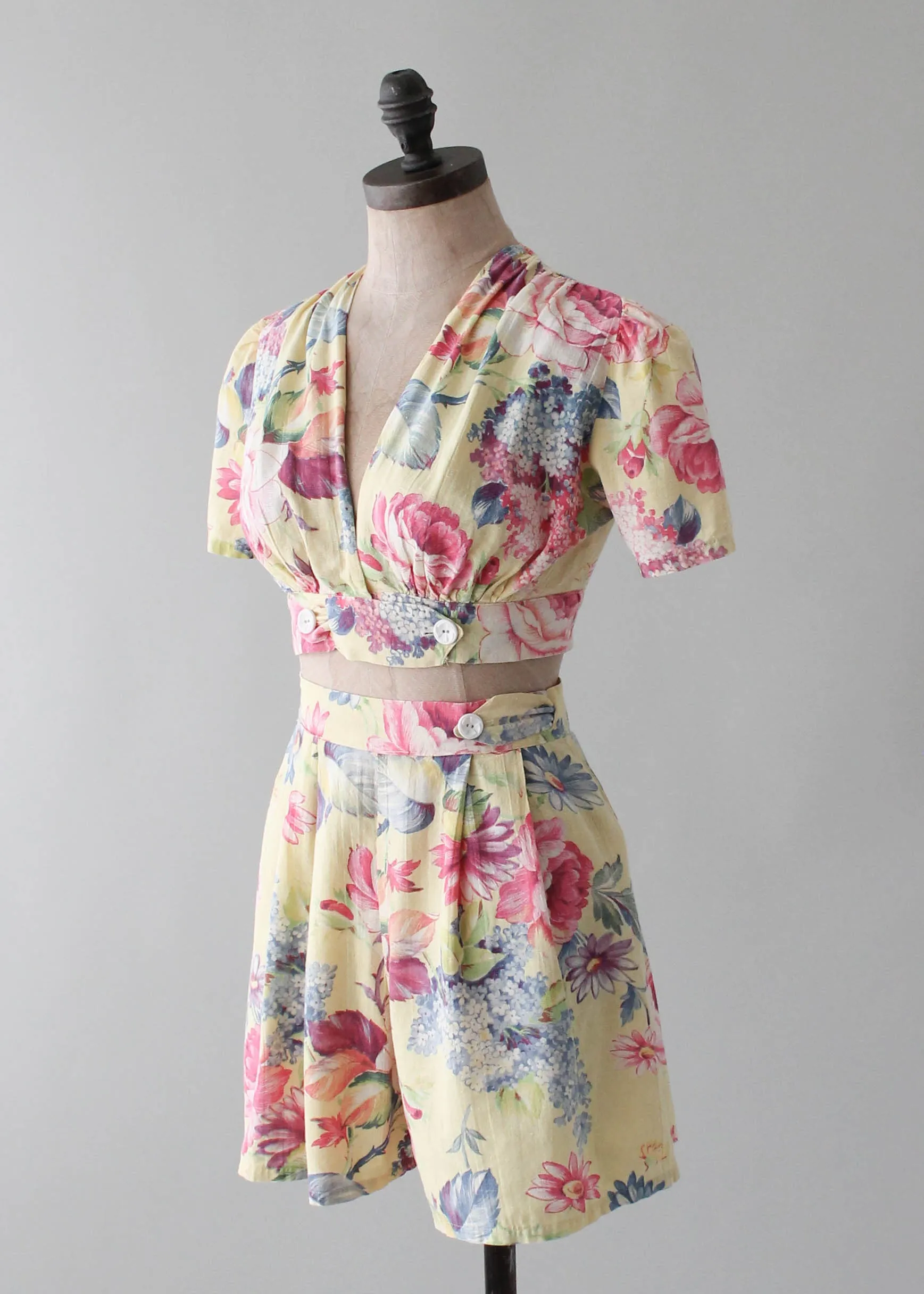 Vintage 1940s Yellow Floral Two Piece Playsuit