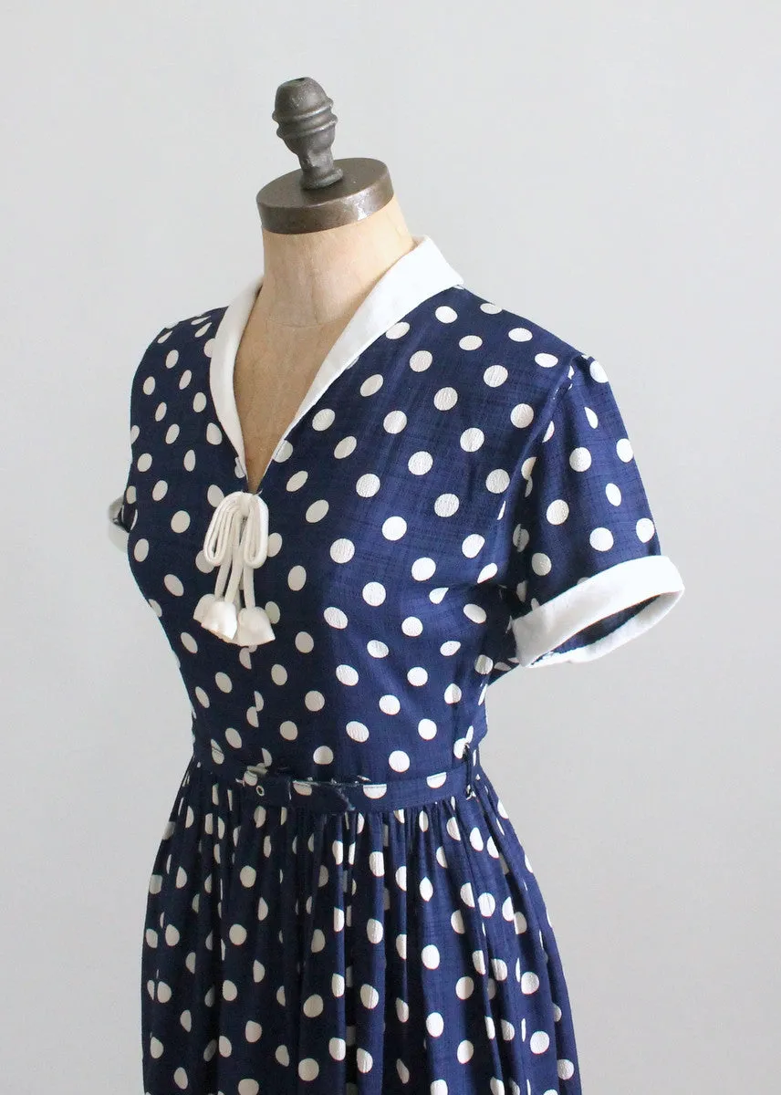 Vintage 1950s Navy and White Polka Dot Day Dress