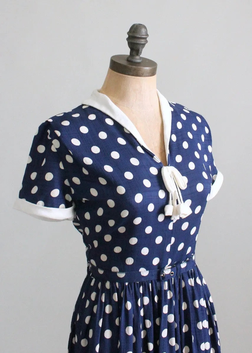 Vintage 1950s Navy and White Polka Dot Day Dress