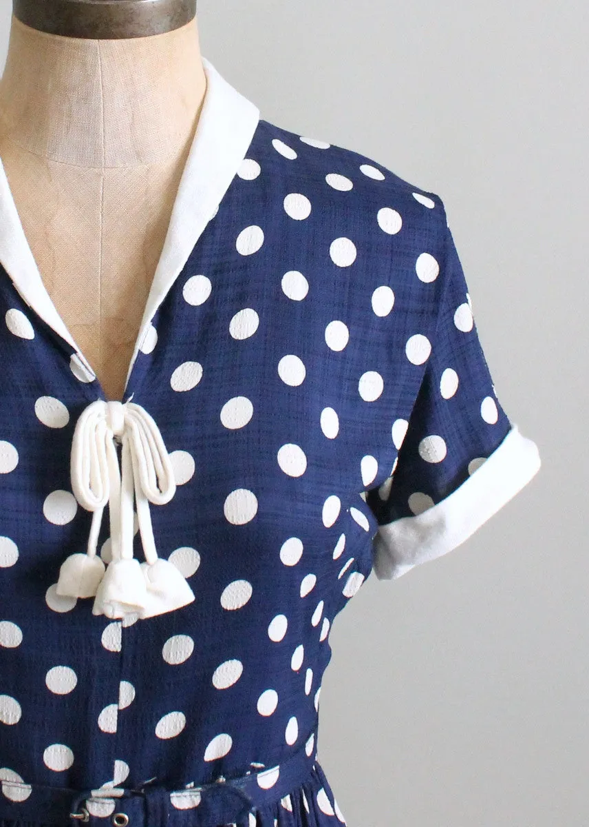 Vintage 1950s Navy and White Polka Dot Day Dress