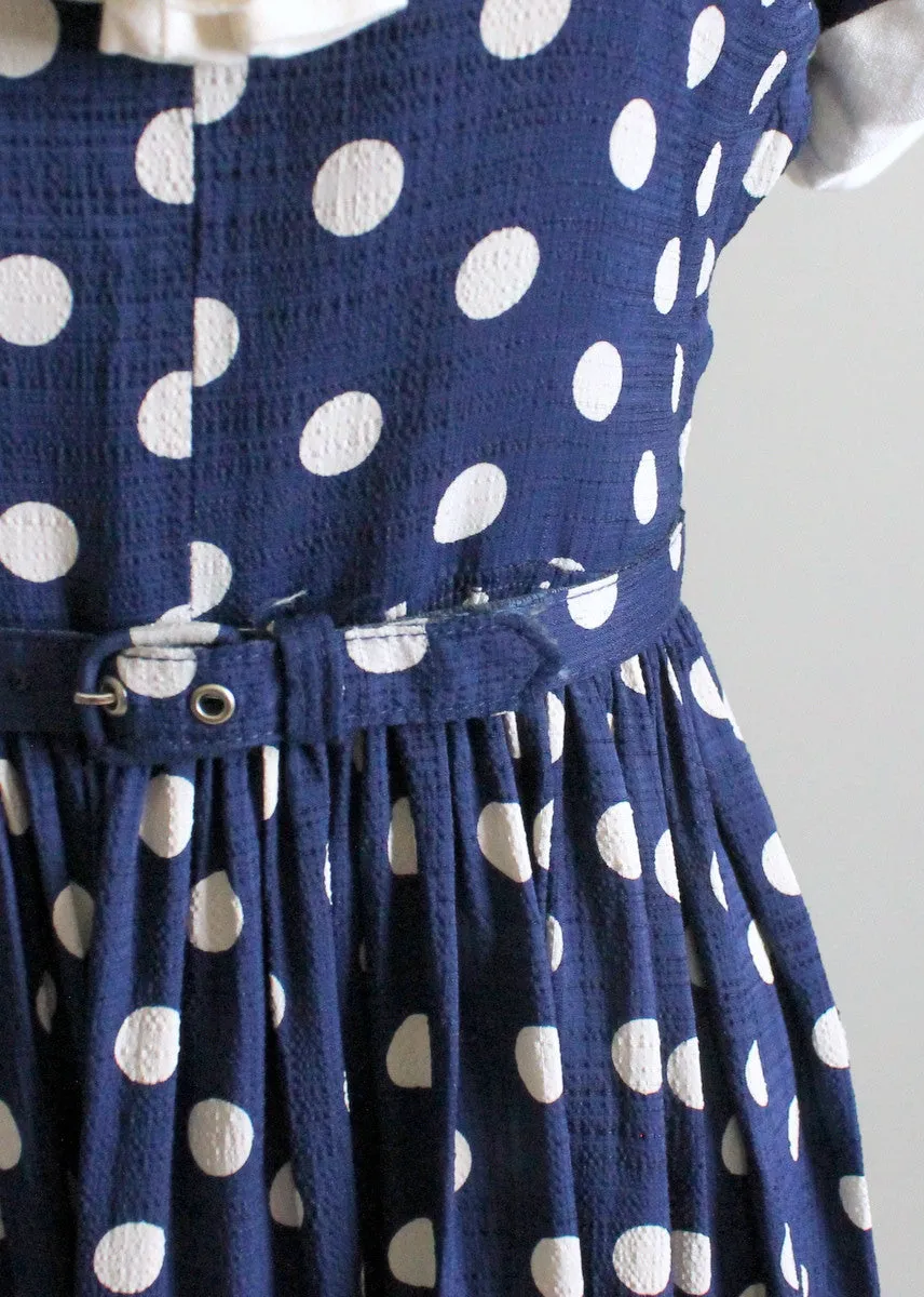 Vintage 1950s Navy and White Polka Dot Day Dress