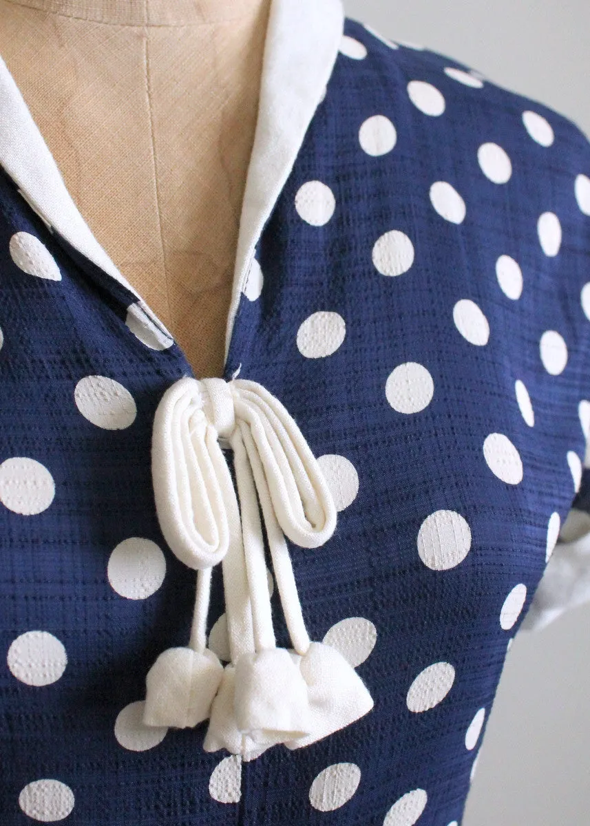 Vintage 1950s Navy and White Polka Dot Day Dress