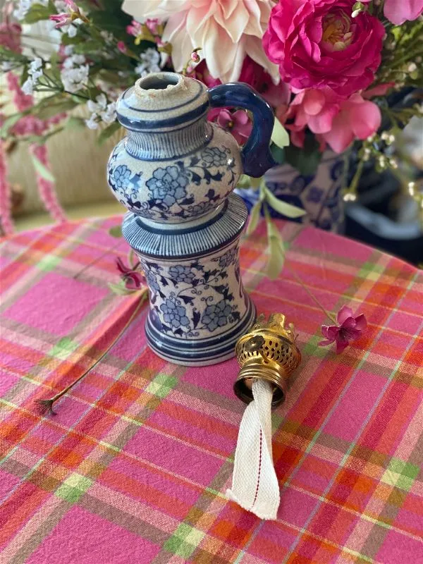 Vintage Blue & White Ceramic oil lamp