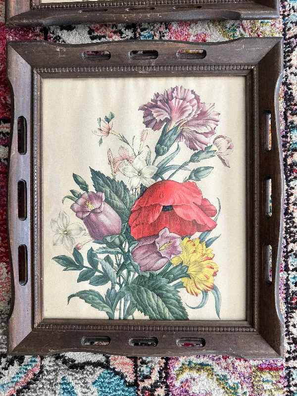 Vintage Botanical Prints, Floral, Wood Frames, Pair