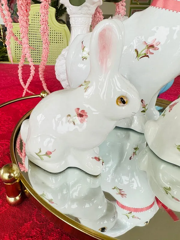 Vintage Bunny Set, White Bunnies with Pink Floral Motif, 2 Bunny Figurines and Bunny Planter