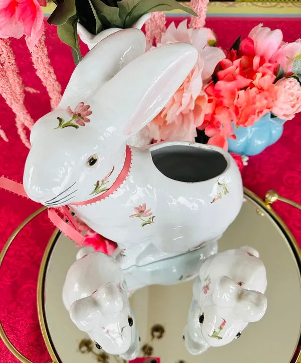 Vintage Bunny Set, White Bunnies with Pink Floral Motif, 2 Bunny Figurines and Bunny Planter