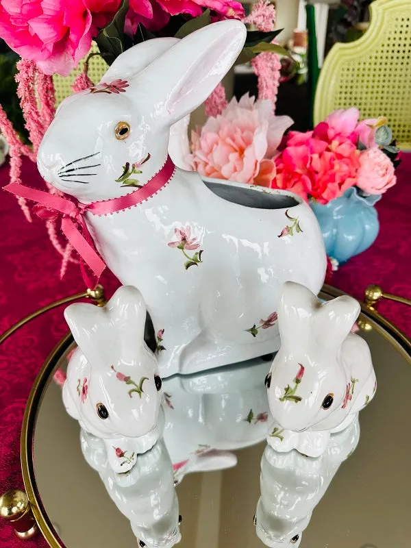 Vintage Bunny Set, White Bunnies with Pink Floral Motif, 2 Bunny Figurines and Bunny Planter