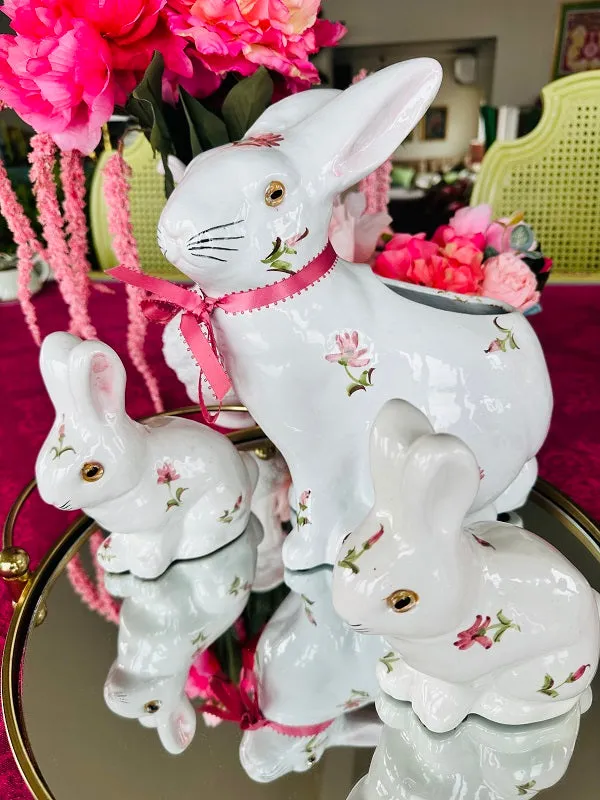 Vintage Bunny Set, White Bunnies with Pink Floral Motif, 2 Bunny Figurines and Bunny Planter