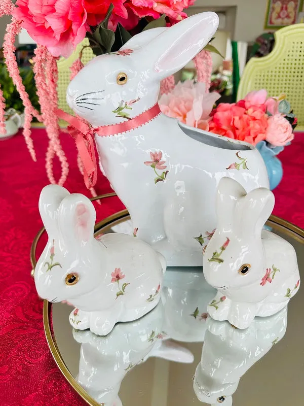 Vintage Bunny Set, White Bunnies with Pink Floral Motif, 2 Bunny Figurines and Bunny Planter