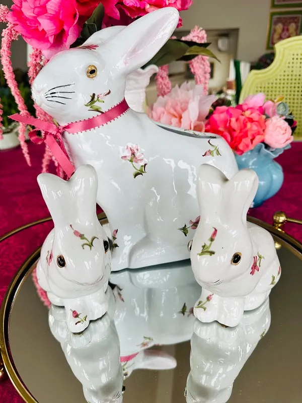 Vintage Bunny Set, White Bunnies with Pink Floral Motif, 2 Bunny Figurines and Bunny Planter