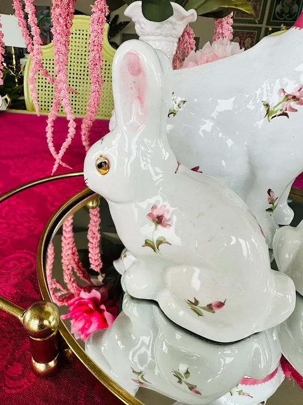 Vintage Bunny Set, White Bunnies with Pink Floral Motif, 2 Bunny Figurines and Bunny Planter