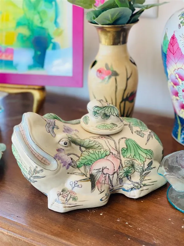 Vintage Ceramic Floral Pink and Green Frog