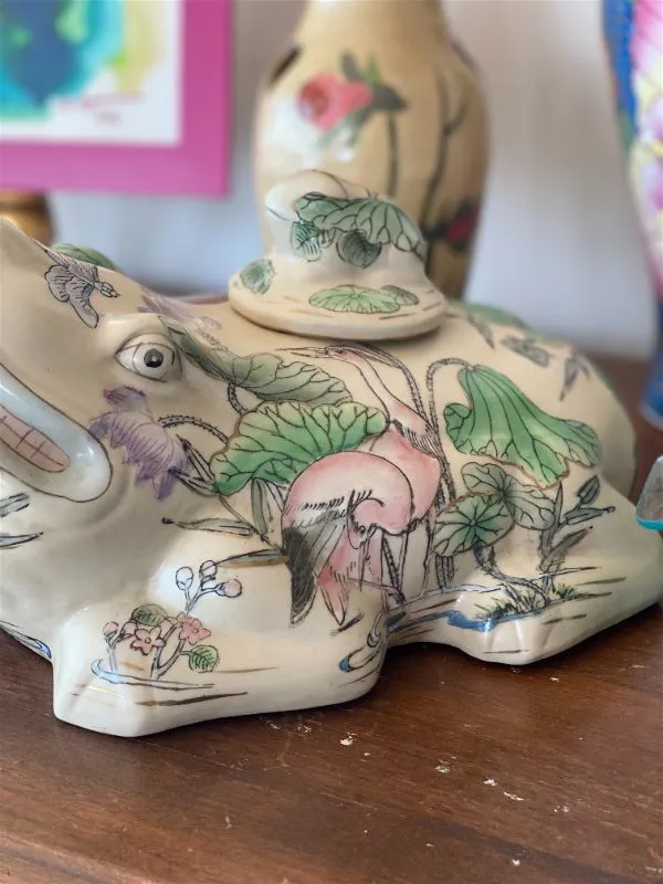 Vintage Ceramic Floral Pink and Green Frog