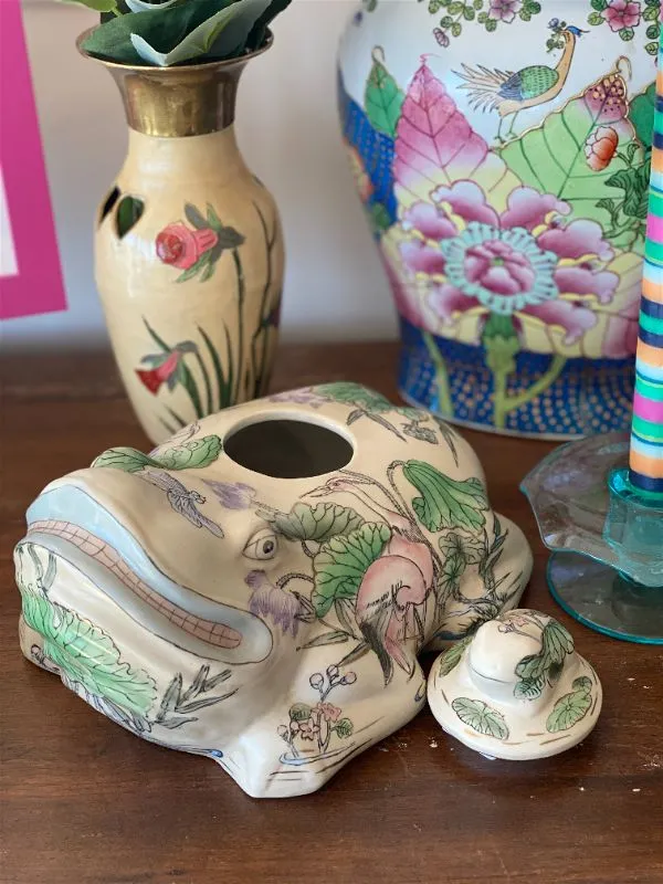 Vintage Ceramic Floral Pink and Green Frog