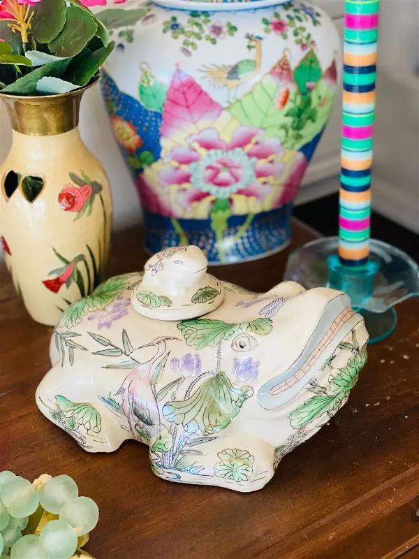 Vintage Ceramic Floral Pink and Green Frog