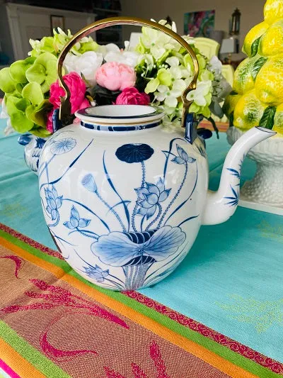 Vintage Chinoiserie Blue and White Teapot with brass handle