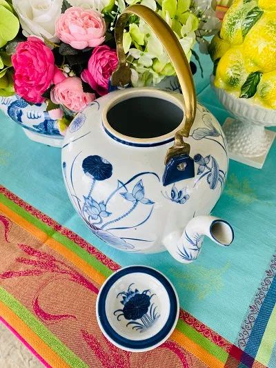 Vintage Chinoiserie Blue and White Teapot with brass handle