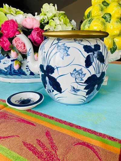 Vintage Chinoiserie Blue and White Teapot with brass handle