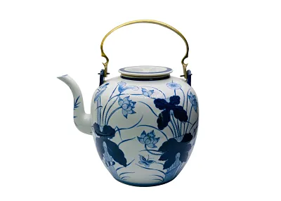 Vintage Chinoiserie Blue and White Teapot with brass handle