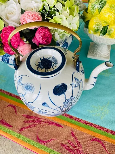 Vintage Chinoiserie Blue and White Teapot with brass handle