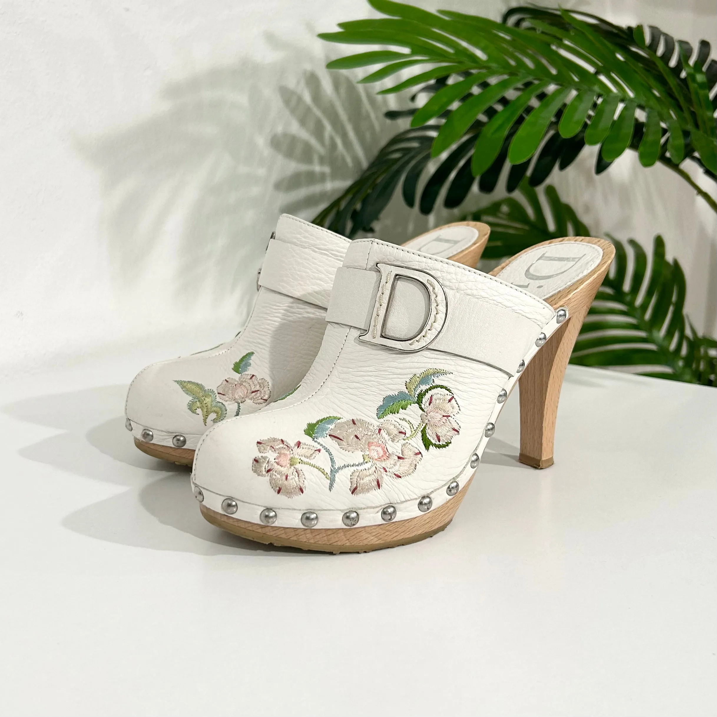 Vintage Christian Dior White Floral Clogs