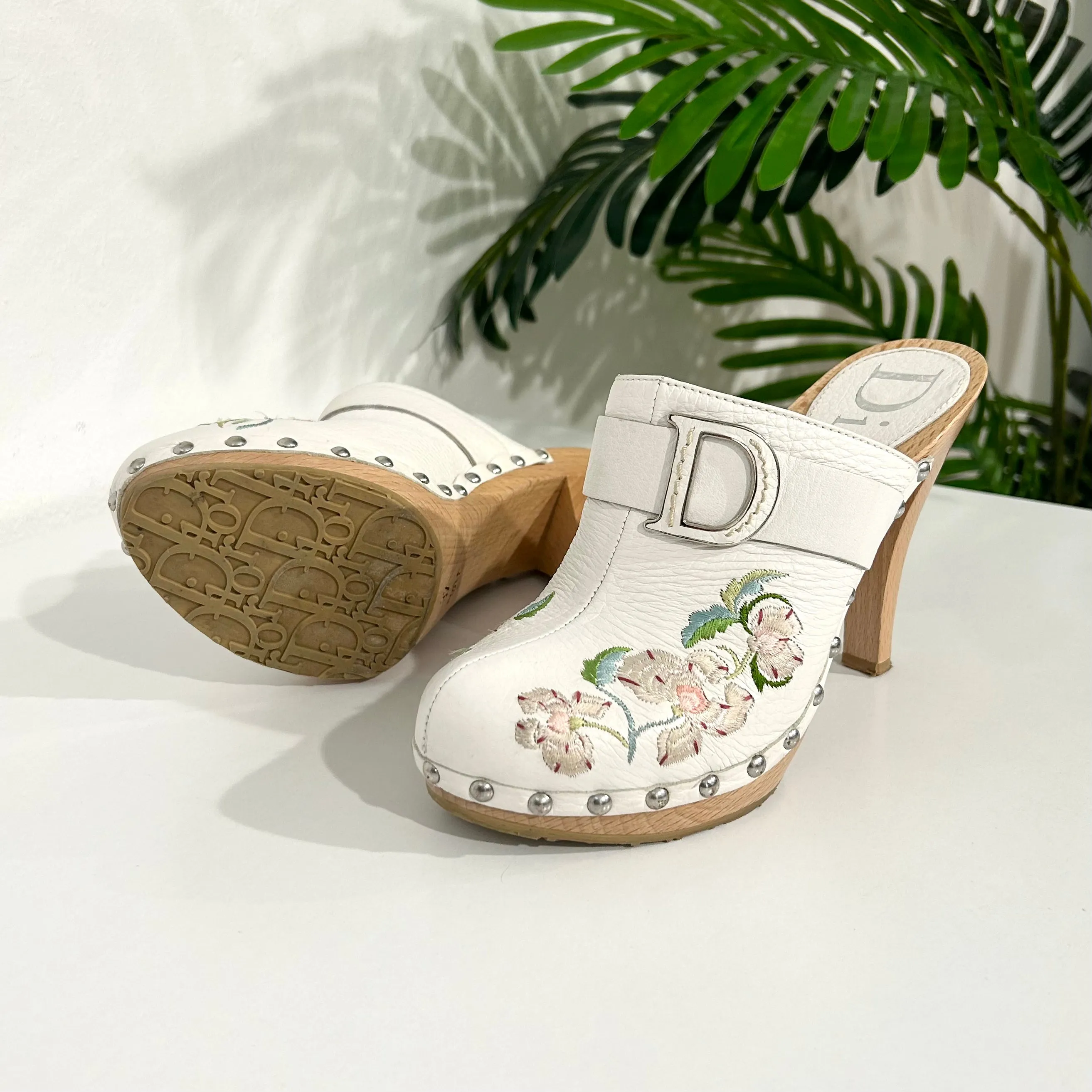 Vintage Christian Dior White Floral Clogs