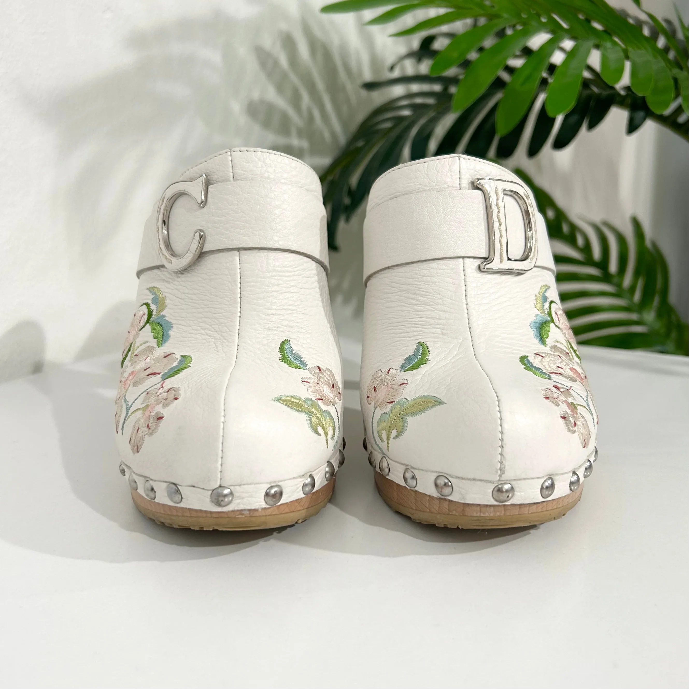 Vintage Christian Dior White Floral Clogs