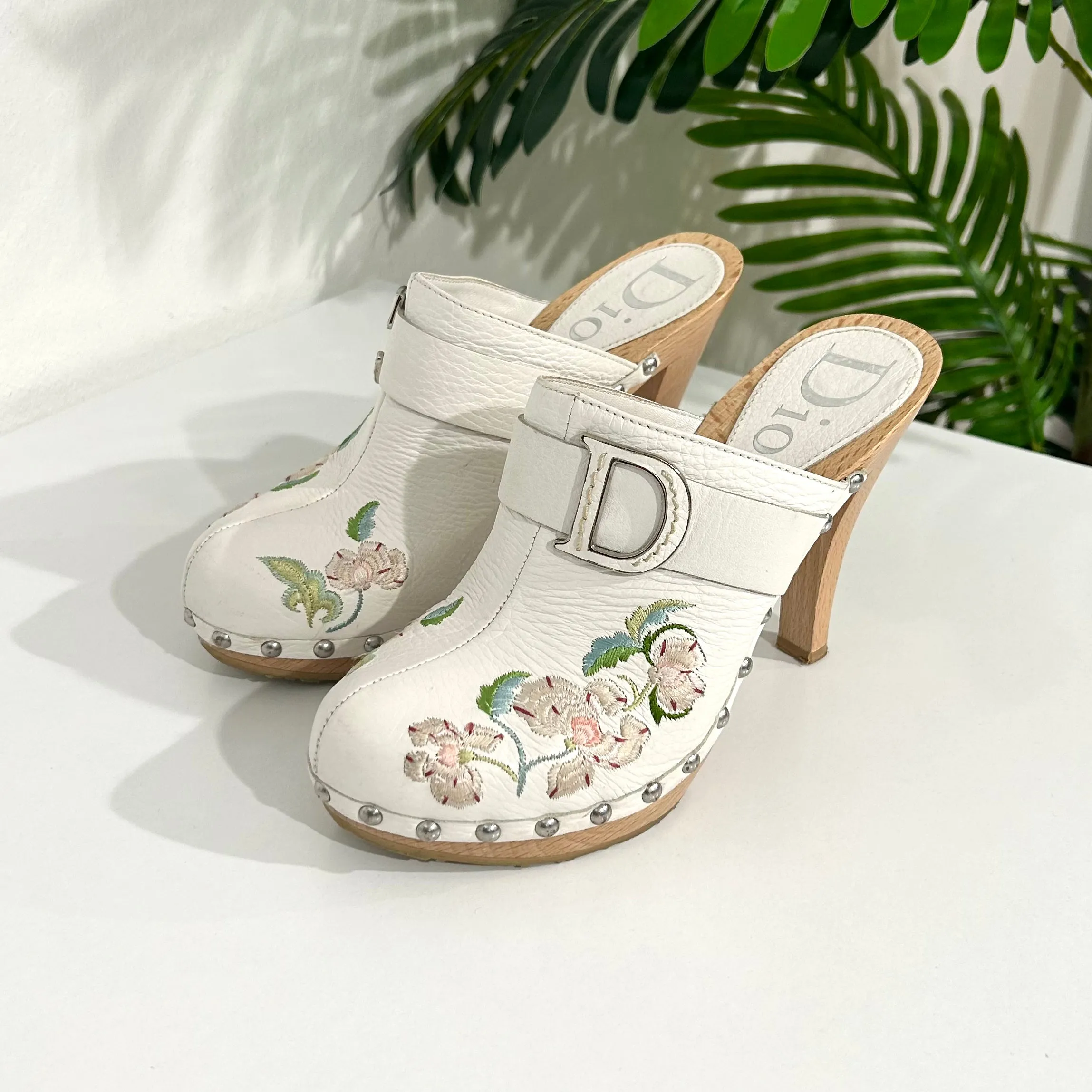 Vintage Christian Dior White Floral Clogs