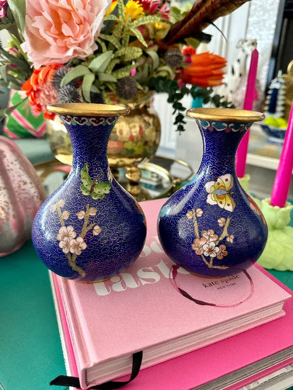 Vintage Cloisonne' Vase, Cobalt Blue with Gold, Large Floral Detail, 2 Available