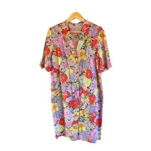 Vintage Cotton Red, Yellow And Purple Floral Short Sleeved Dress UK Size 16