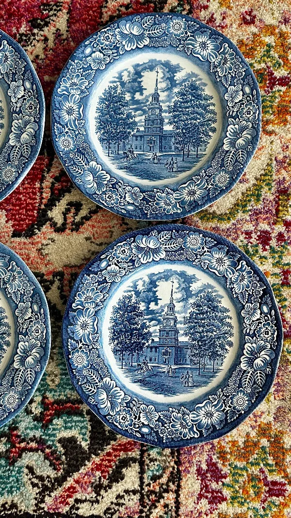 Vintage Dinner Plates, Liberty Blue Hall, Scalloped Edge, Set of 4, Blue and White Chinoiserie