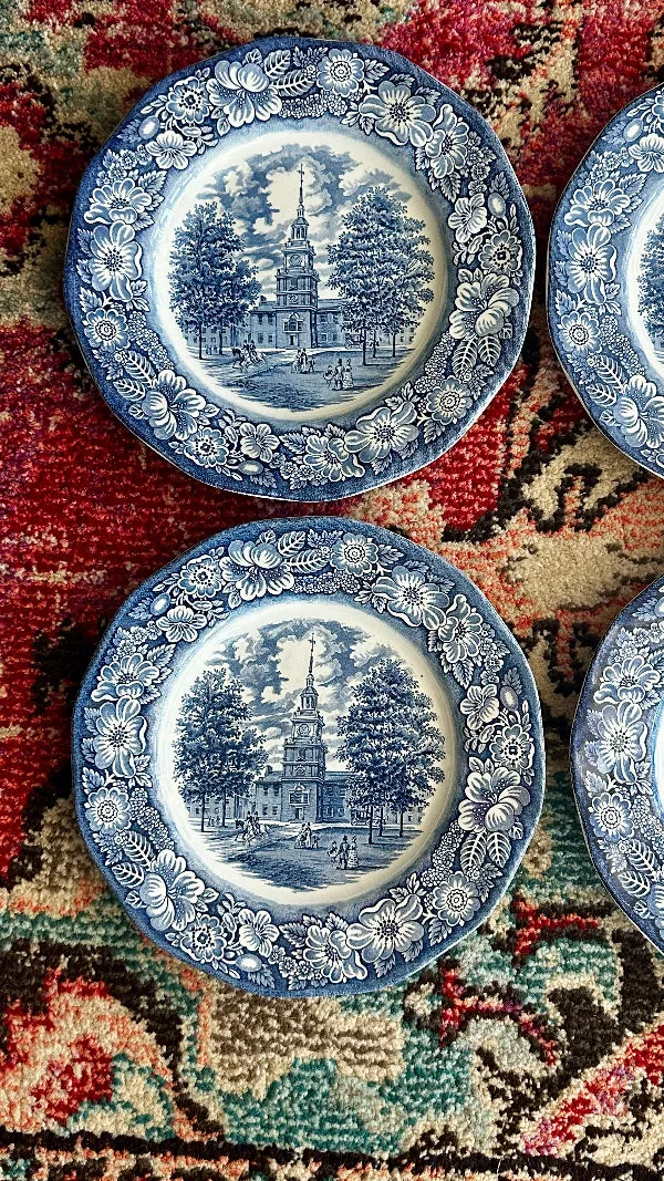 Vintage Dinner Plates, Liberty Blue Hall, Scalloped Edge, Set of 4, Blue and White Chinoiserie