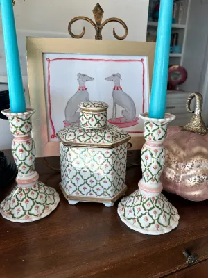 Vintage Dresser Set, Candle Holders and Apothecary Jar , 3 Piece, Pink and Green Floral, Hand Painted