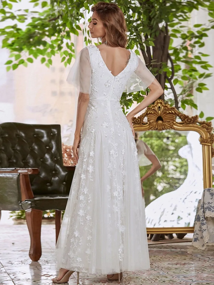 Vintage Floral Lace Print Wedding Dresses with Tulle Sleeve