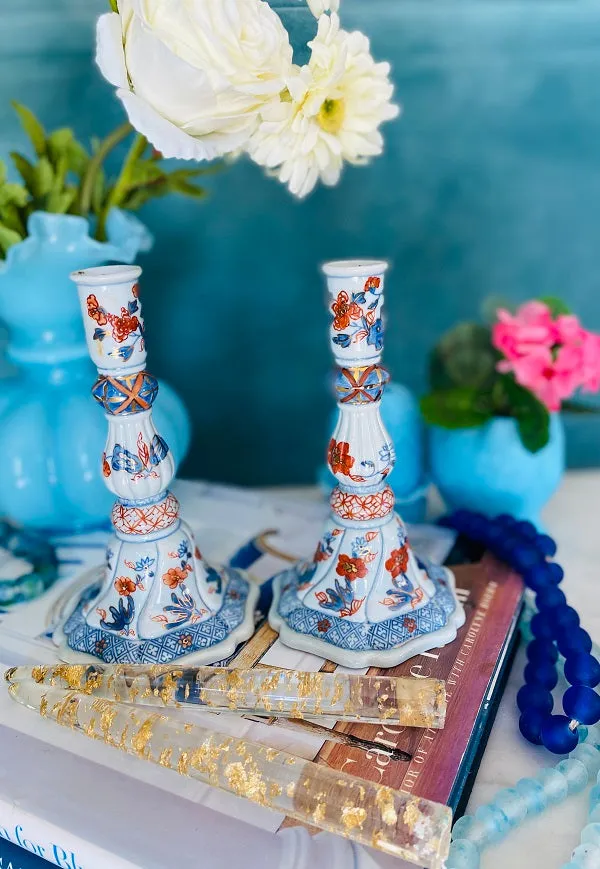 Vintage Imari Style Candlesticks Porcelain