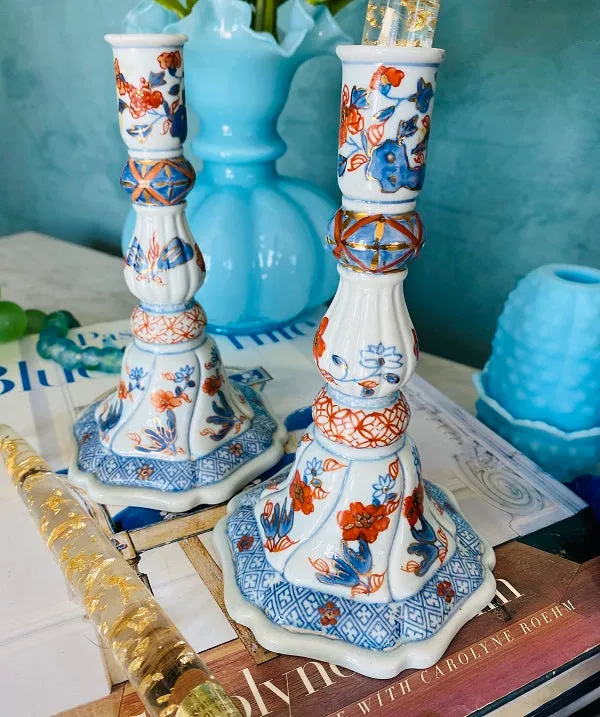 Vintage Imari Style Candlesticks Porcelain