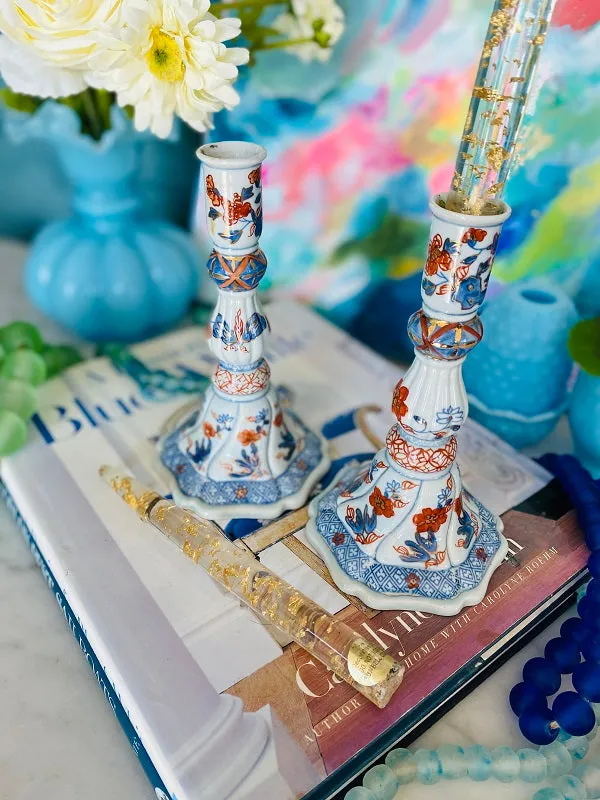 Vintage Imari Style Candlesticks Porcelain