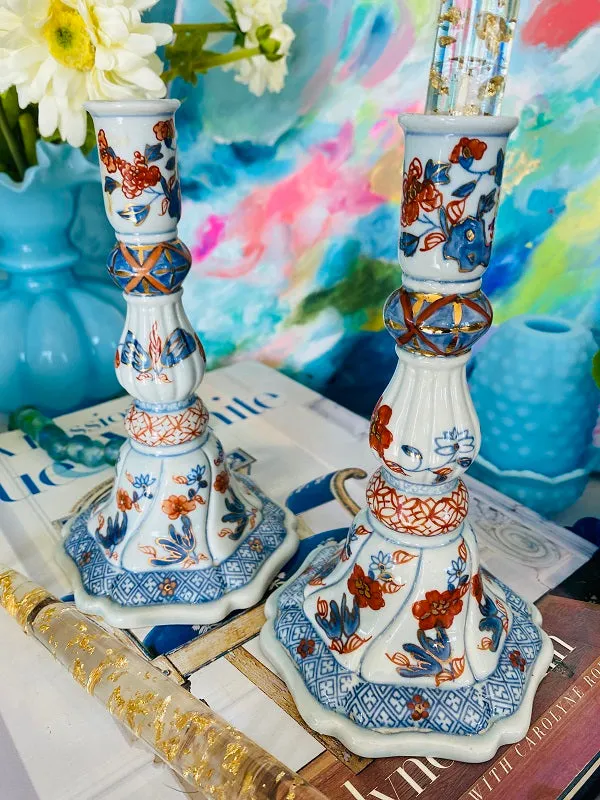 Vintage Imari Style Candlesticks Porcelain