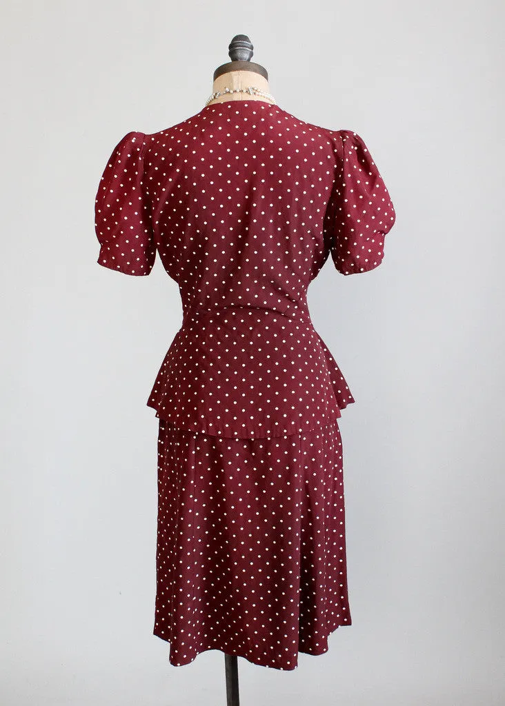 Vintage Late 1930s Polka Dot Peplum Suit