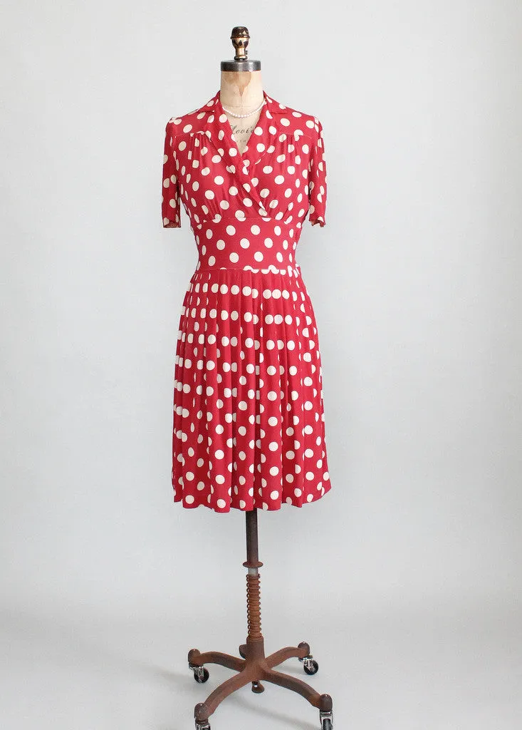 Vintage Late 1930s Red Rayon Polka Dot Swing Dress