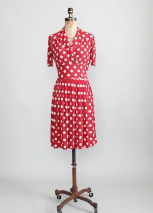 Vintage Late 1930s Red Rayon Polka Dot Swing Dress