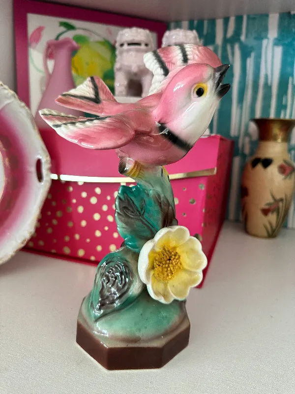 Vintage Pink Bird on Flower Figurine