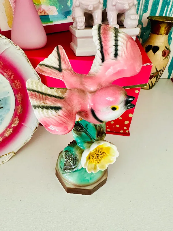 Vintage Pink Bird on Flower Figurine