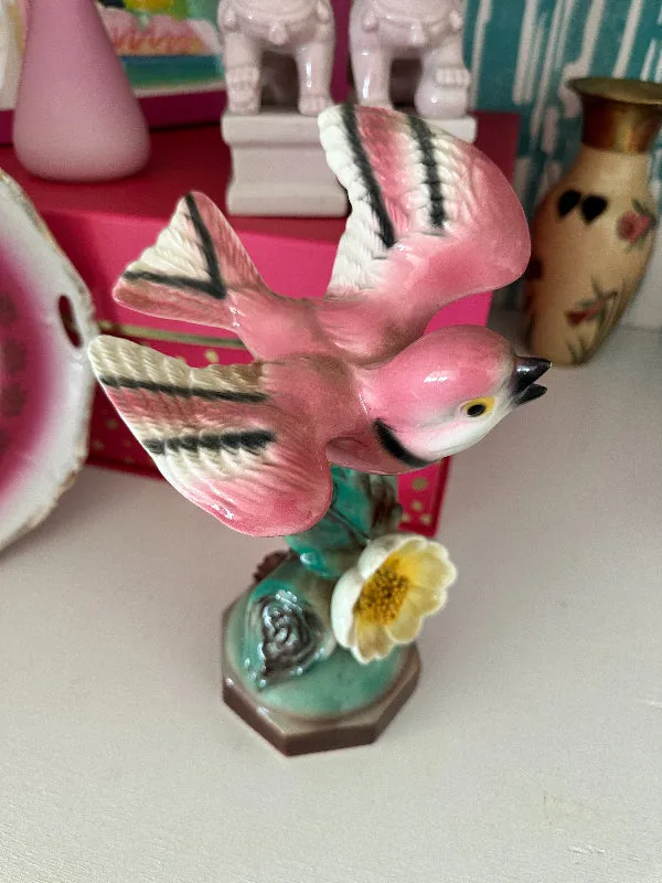 Vintage Pink Bird on Flower Figurine