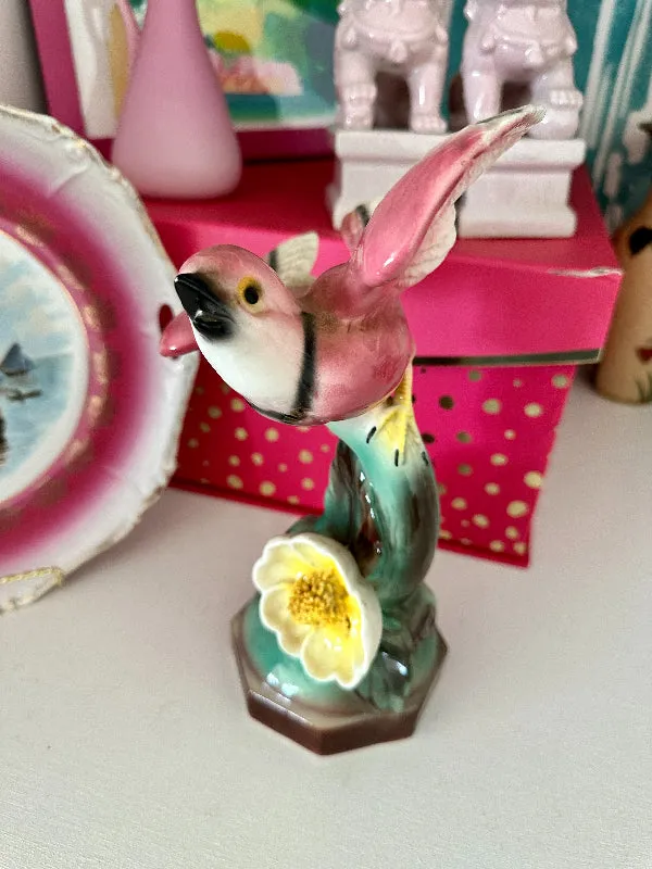 Vintage Pink Bird on Flower Figurine