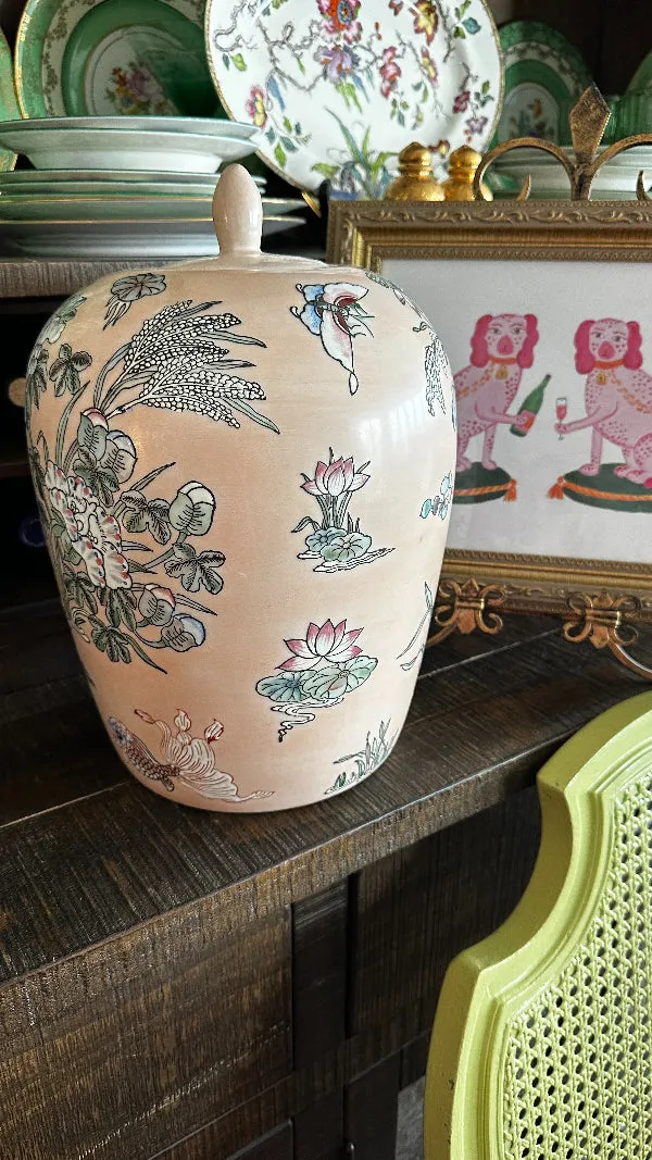 Vintage Pink Floral Ginger Jar Large, Lidded