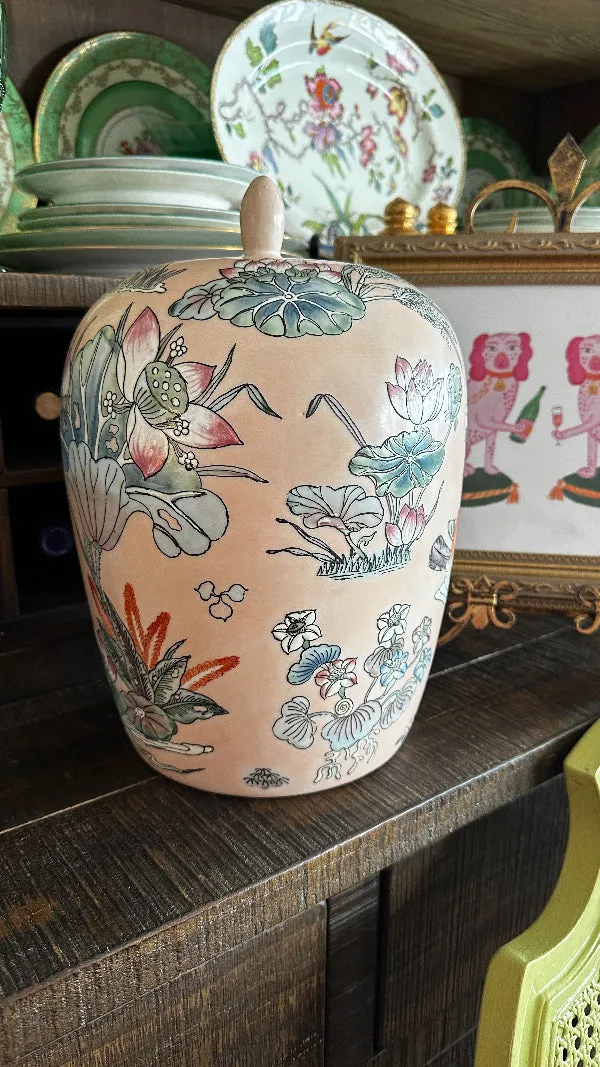 Vintage Pink Floral Ginger Jar Large, Lidded