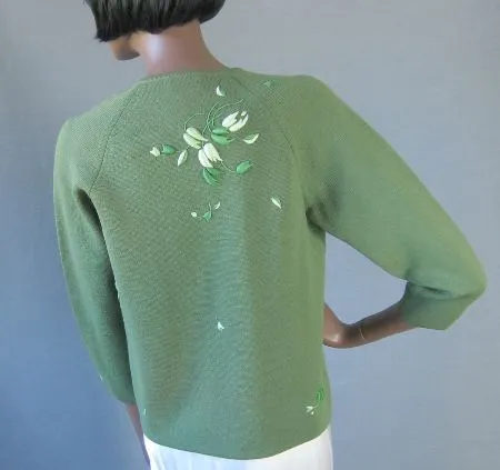 Women's 60s Elsie Tu Sweater Jac Cardigan Vintage Trapunto Embroidery Small VFG Green