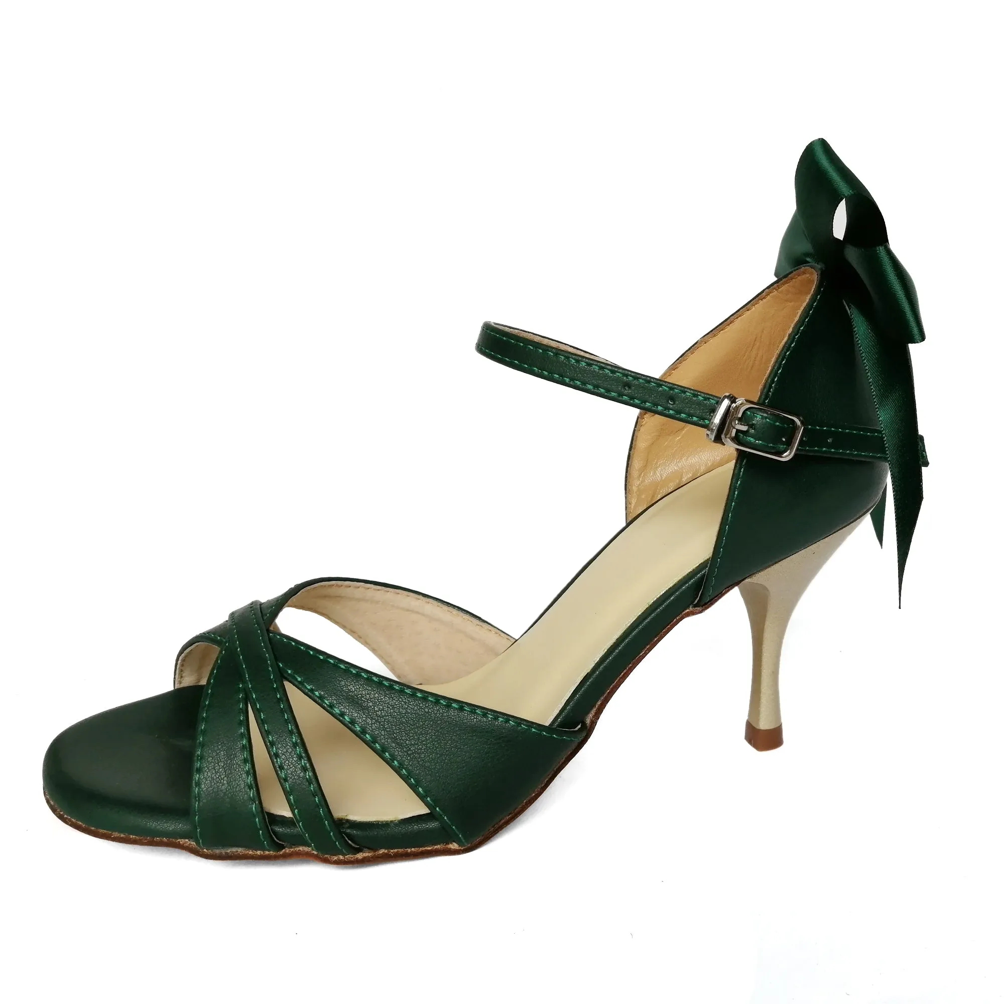 Women's Argentine Tango Shoes High Heel Dance Sandals Leather Sole Dark Green