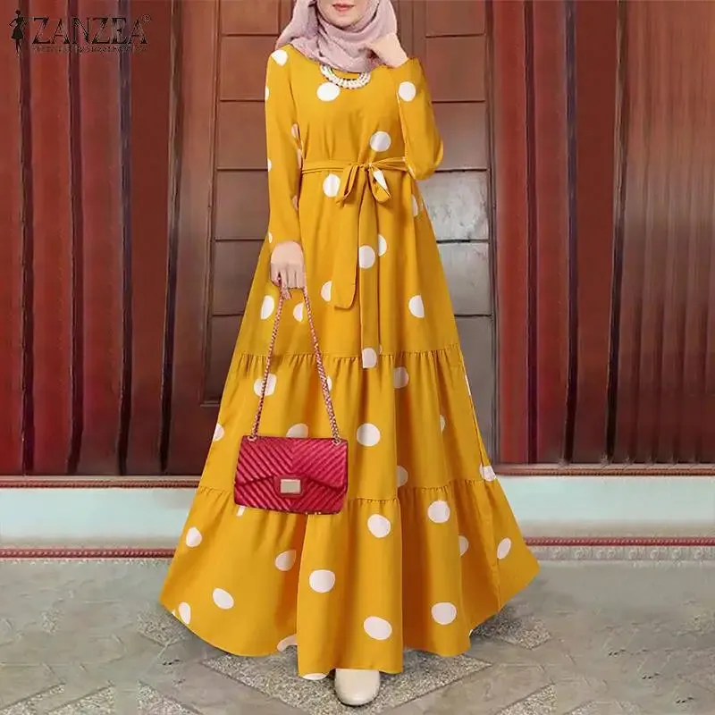 Women's Vintage Polka Dot Abaya Dress - Modest Maxi Hijab Sundress | Dubai Turkey Islamic Clothing